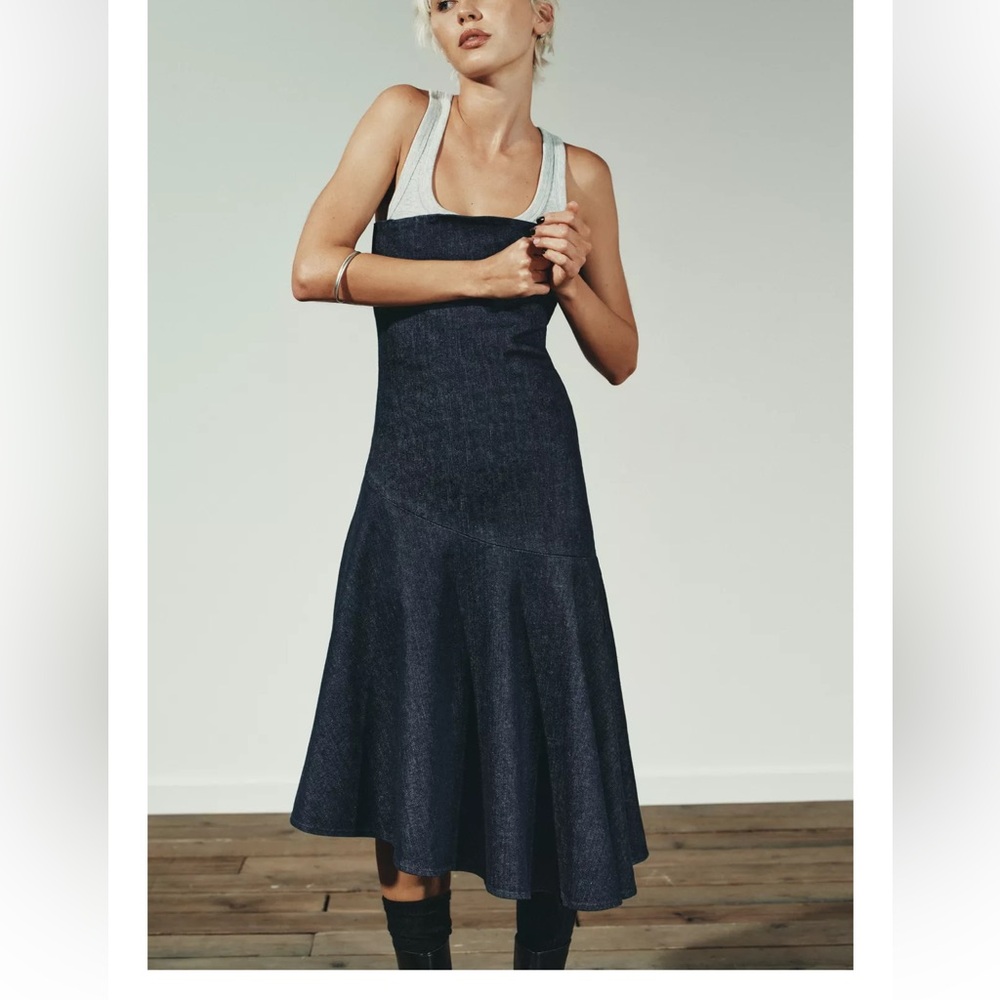 Zara NWT dark denim blue asymmetric hem strapless tube midi dress - Picture 5 of 13